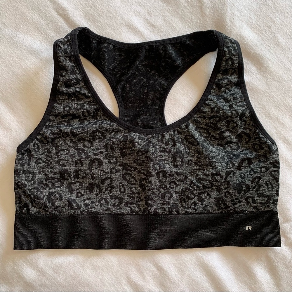 Seamless Grey & Black Leopard Racerback Sports Bra